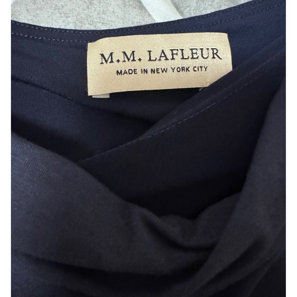 M.M. LaFleur Navy Blu Long Sleeve Draped Cowl Neck Ruched Midi Dress Modern Chic - Picture 3 of 5